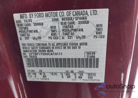 2003 Ford F-150 Xl/Xlt from USA, damaged, VIN 2FTRF17253CA15111